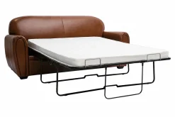 Canapé convertible vintage 3 places cuir marron et bois noir avec matelas 9 cm CLUB