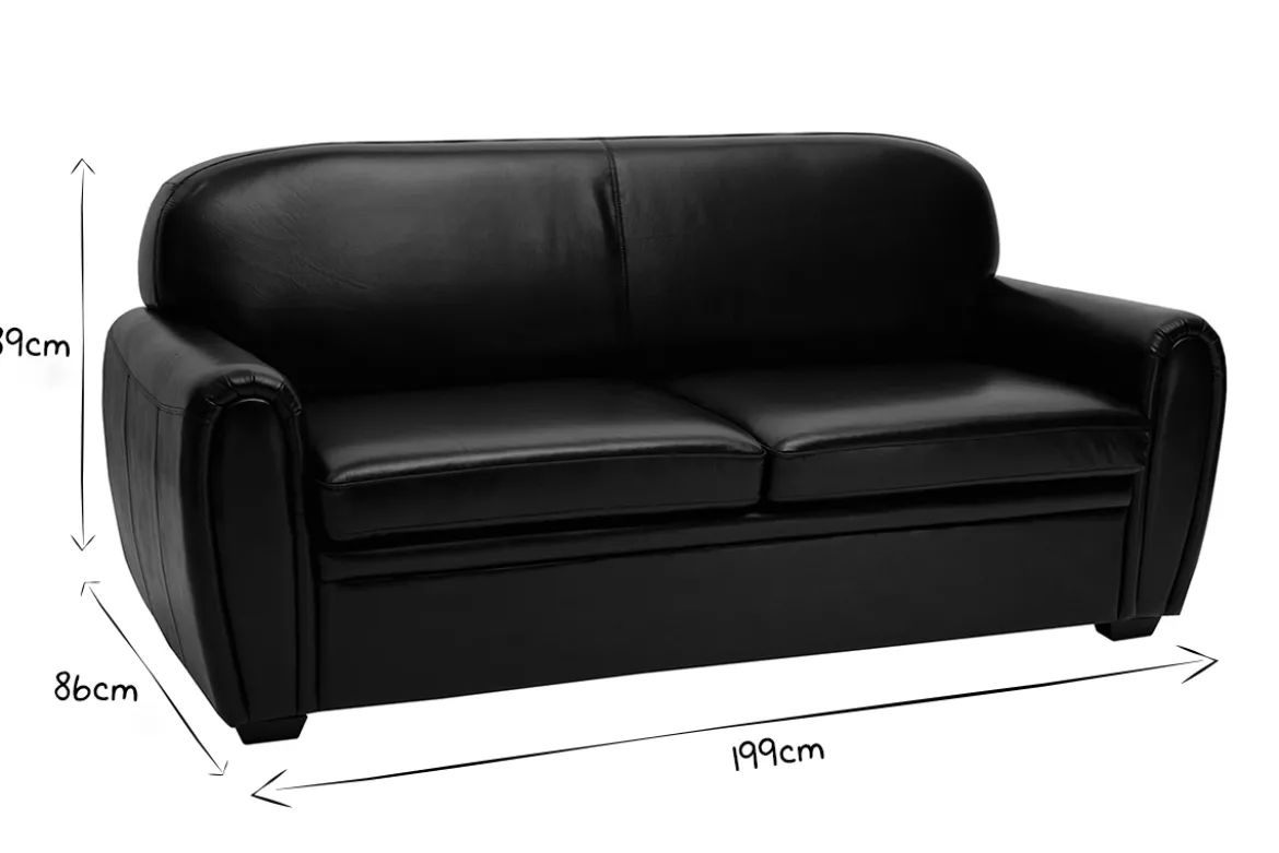 Canapé convertible vintage 3 places cuir marron et bois noir avec matelas 9 cm CLUB