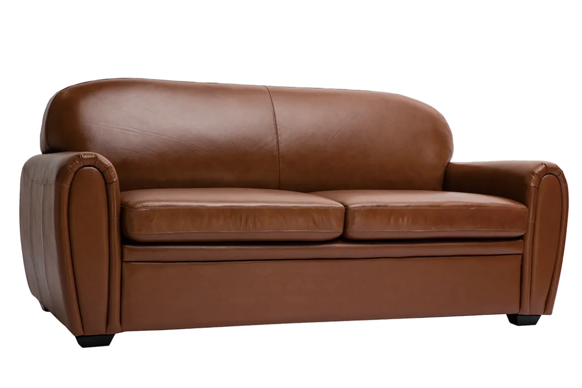 Canapé convertible vintage 3 places cuir marron et bois noir avec matelas 9 cm CLUB
