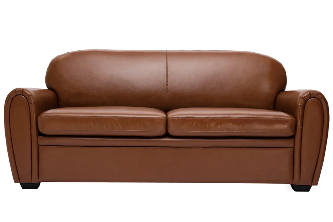 Canapé convertible vintage 3 places cuir marron et bois noir avec matelas 9 cm CLUB