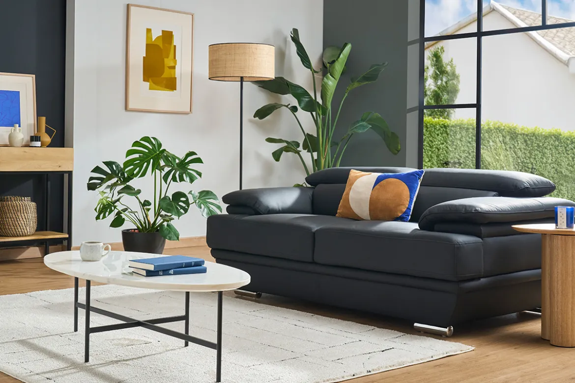 Canapé cuir noir et acier chromé avec têtières ajustables 2 places EWING