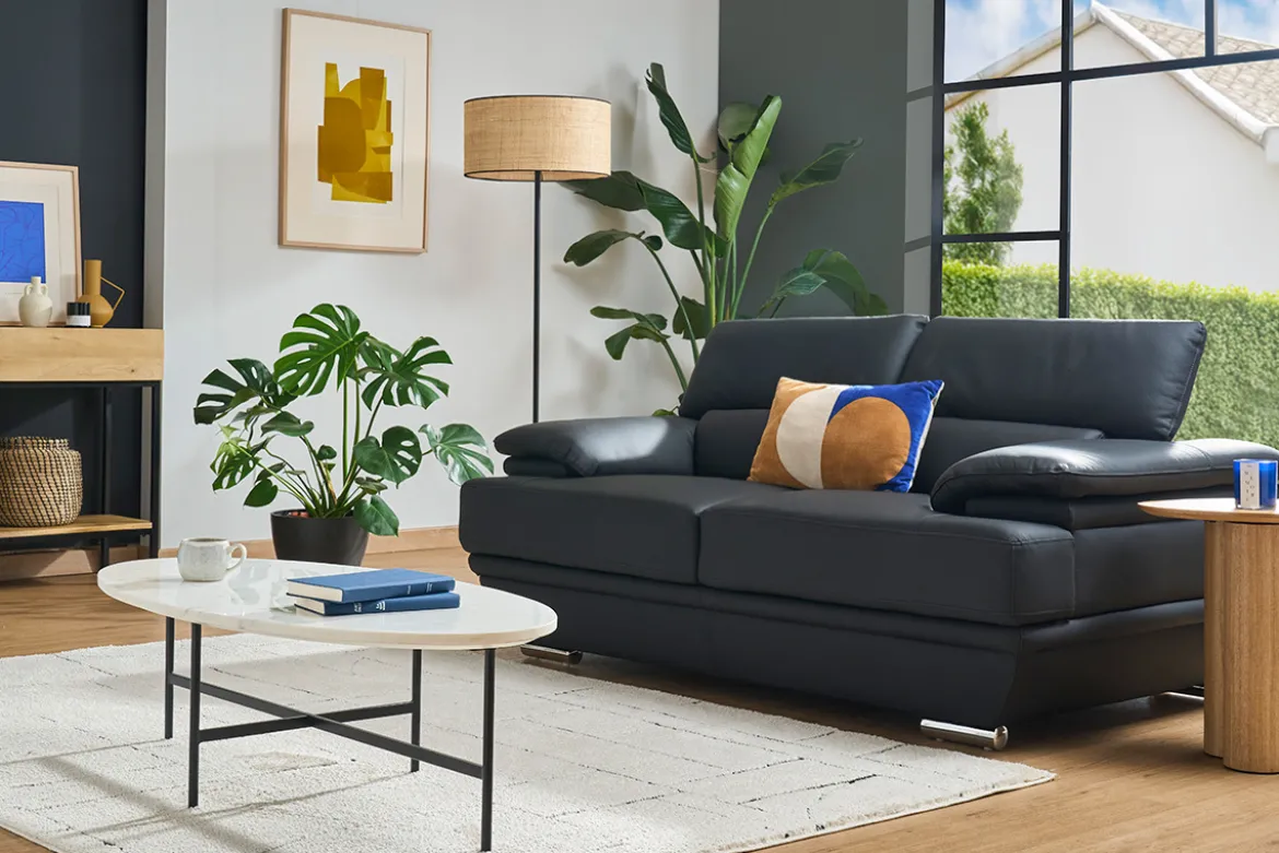 Canapé cuir noir et acier chromé avec têtières ajustables 2 places EWING