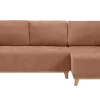 Canapé d'angle convertible et réversible 3-4 places en tissu effet velours terre brûlée et bois clair ROMANE