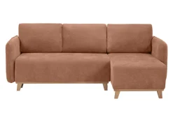 Canapé d'angle convertible et réversible 3-4 places en tissu effet velours terre brûlée et bois clair ROMANE