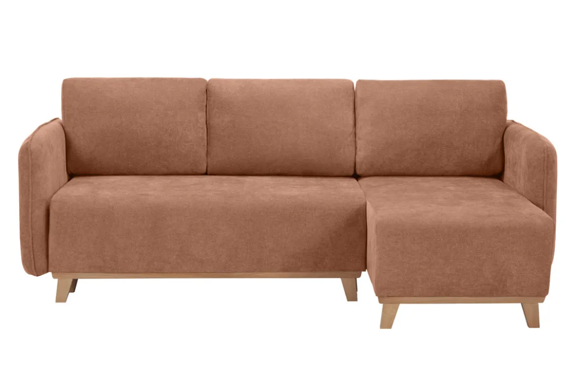 Canapé d'angle convertible et réversible 3-4 places en tissu effet velours terre brûlée et bois clair ROMANE