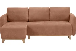 Canapé d'angle convertible et réversible 3-4 places en tissu effet velours terre brûlée et bois clair ROMANE