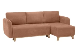 Canapé d'angle convertible et réversible 3-4 places en tissu effet velours terre brûlée et bois clair ROMANE