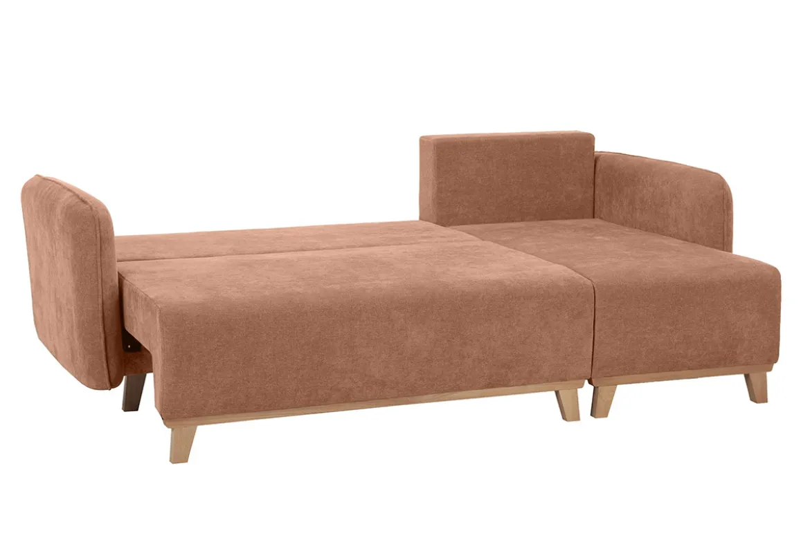 Canapé d'angle convertible et réversible 3-4 places en tissu effet velours terre brûlée et bois clair ROMANE