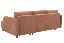 Canapé d'angle convertible et réversible 3-4 places en tissu effet velours terre brûlée et bois clair ROMANE