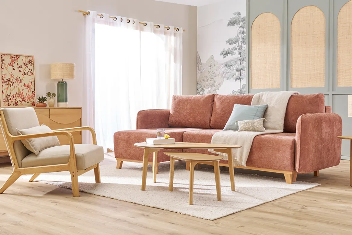 Canapé d'angle convertible et réversible 3-4 places en tissu effet velours terre brûlée et bois clair ROMANE