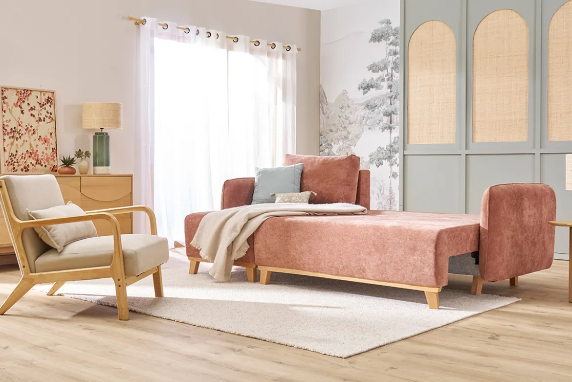 Canapé d'angle convertible et réversible 3-4 places en tissu effet velours terre brûlée et bois clair ROMANE