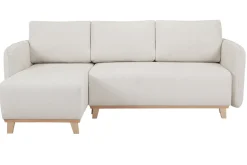 Canapé d'angle convertible et réversible 3-4 places en tissu effet velours beige et bois clair ROMANE