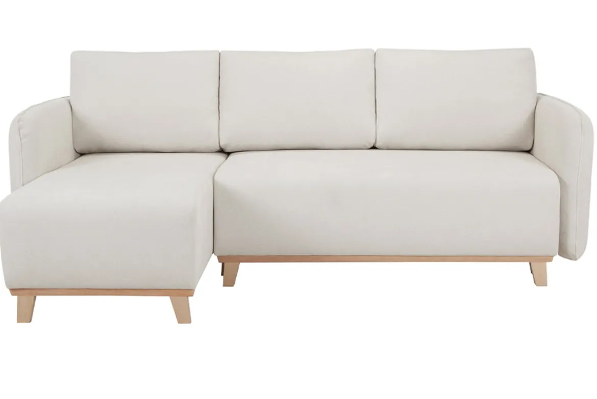 Canapé d'angle convertible et réversible 3-4 places en tissu effet velours beige et bois clair ROMANE