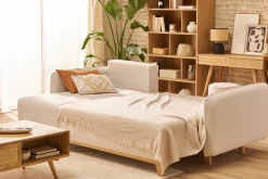 Canapé d'angle convertible et réversible 3-4 places en tissu effet velours beige et bois clair ROMANE