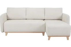 Canapé d'angle convertible et réversible 3-4 places en tissu effet velours beige et bois clair ROMANE