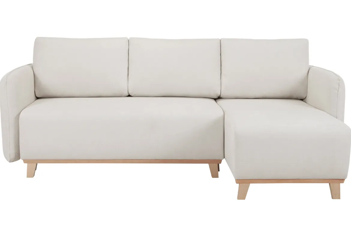 Canapé d'angle convertible et réversible 3-4 places en tissu effet velours beige et bois clair ROMANE