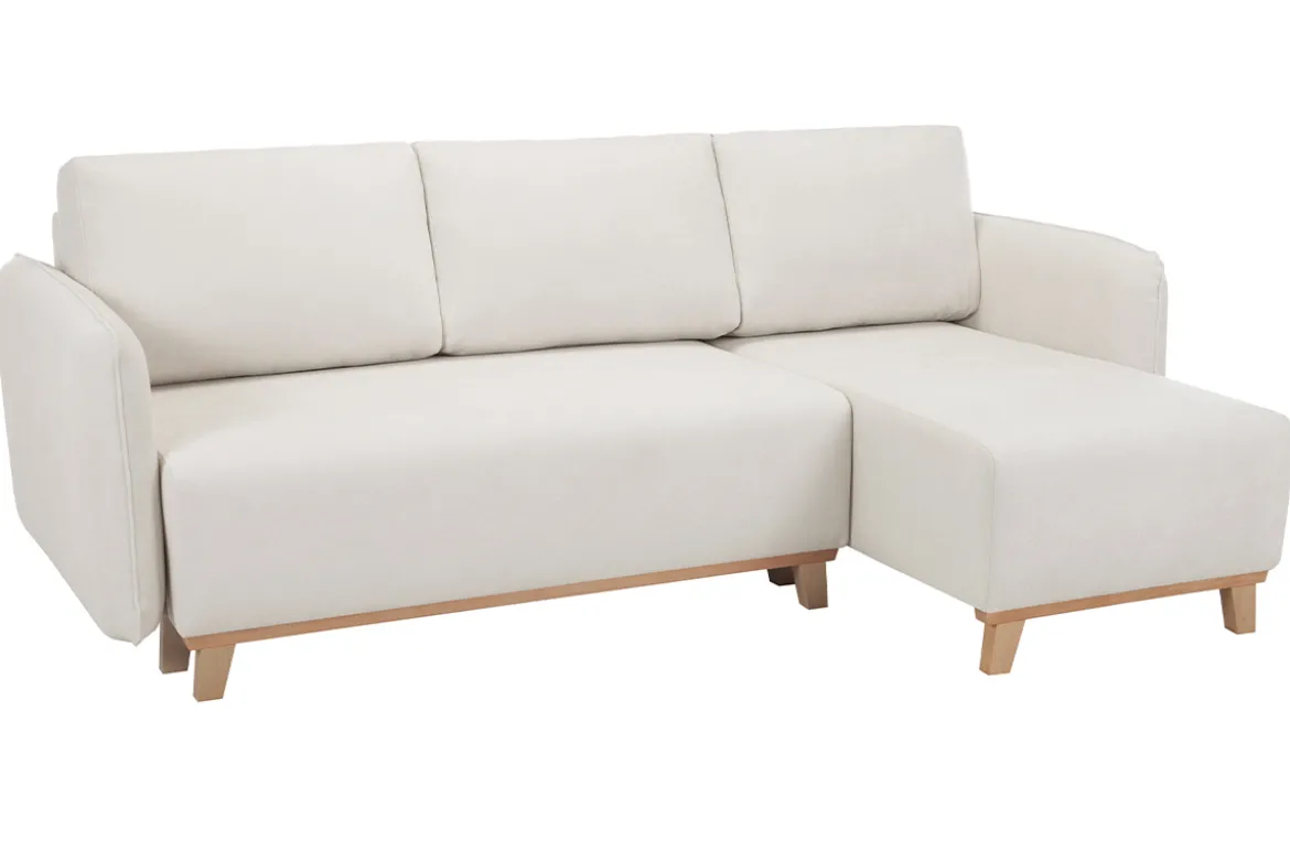 Canapé d'angle convertible et réversible 3-4 places en tissu effet velours beige et bois clair ROMANE