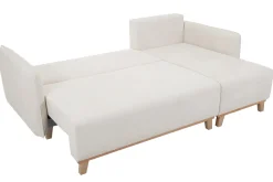 Canapé d'angle convertible et réversible 3-4 places en tissu effet velours beige et bois clair ROMANE
