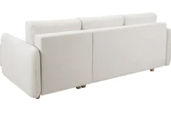 Canapé d'angle convertible et réversible 3-4 places en tissu effet velours beige et bois clair ROMANE