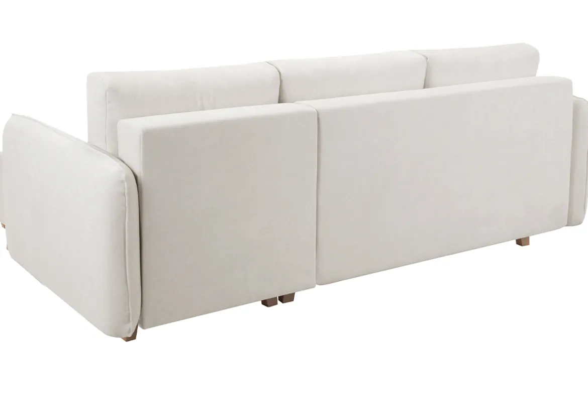 Canapé d'angle convertible et réversible 3-4 places en tissu effet velours beige et bois clair ROMANE