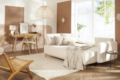 Canapé d'angle convertible et réversible 3-4 places en tissu effet velours beige et bois clair ROMANE