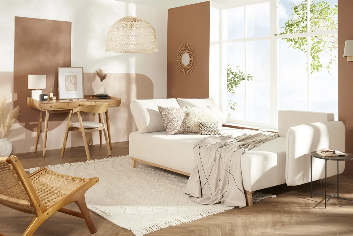 Canapé d'angle convertible et réversible 3-4 places en tissu effet velours beige et bois clair ROMANE