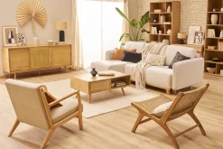 Canapé d'angle convertible et réversible 3-4 places en tissu effet velours beige et bois clair ROMANE