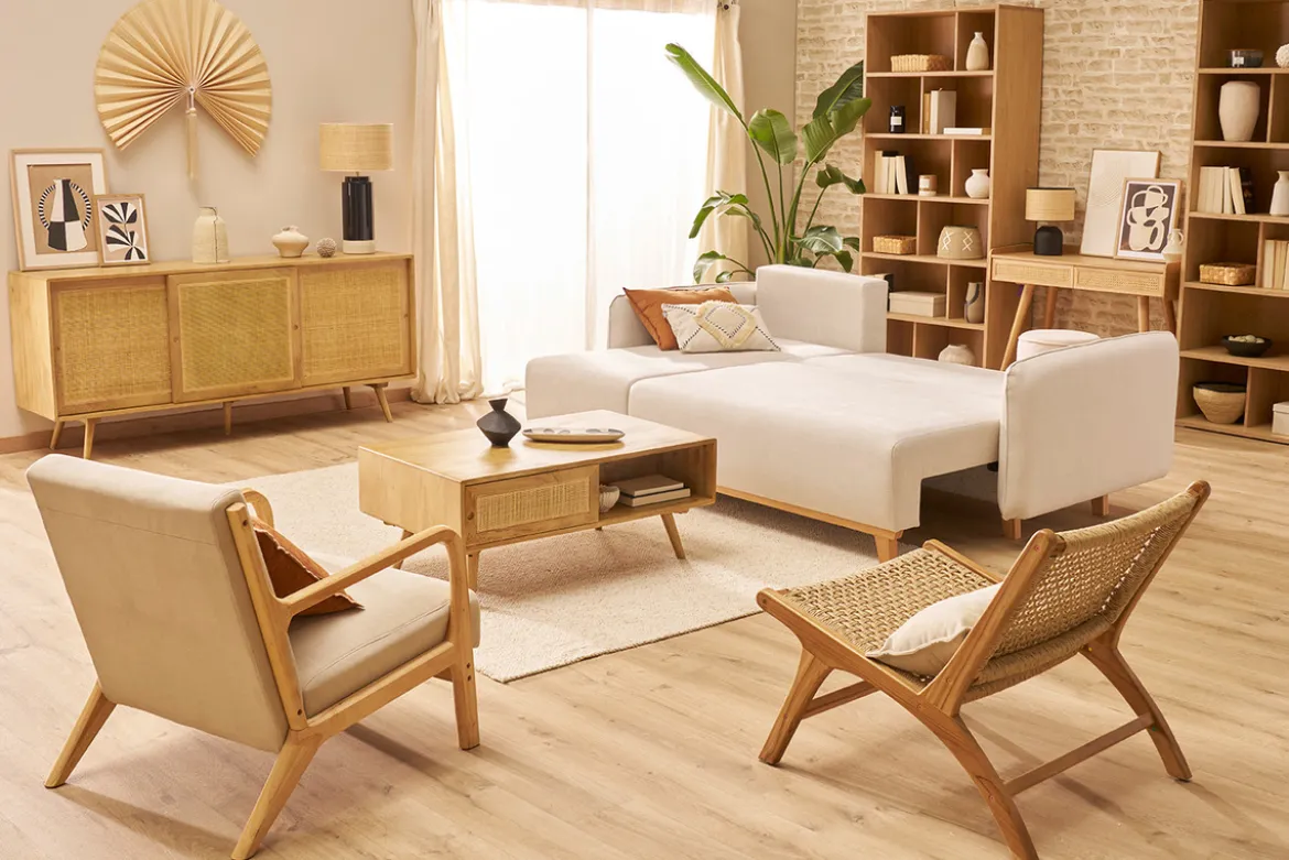 Canapé d'angle convertible et réversible 3-4 places en tissu effet velours beige et bois clair ROMANE