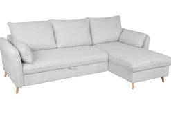 Canapé d'angle convertible réversible avec coffre 3-4 places en tissu gris clair et bois clair DRISS