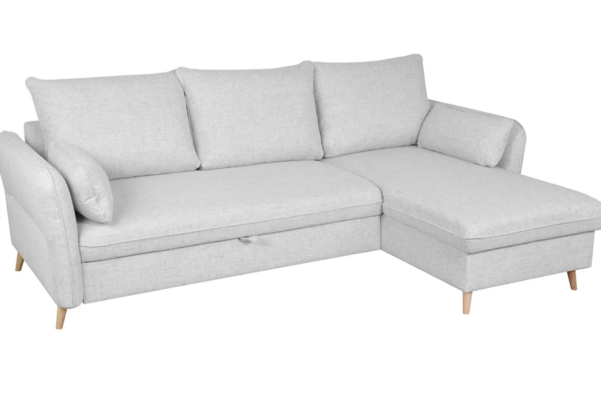 Canapé d'angle convertible réversible avec coffre 3-4 places en tissu gris clair et bois clair DRISS