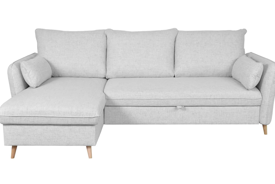 Canapé d'angle convertible réversible avec coffre 3-4 places en tissu gris clair et bois clair DRISS