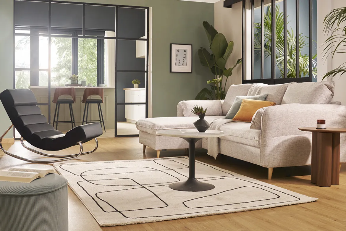 Canapé d'angle convertible réversible avec coffre 3-4 places en tissu gris clair et bois clair DRISS