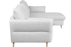 Canapé d'angle convertible réversible avec coffre 3-4 places en tissu gris clair et bois clair DRISS