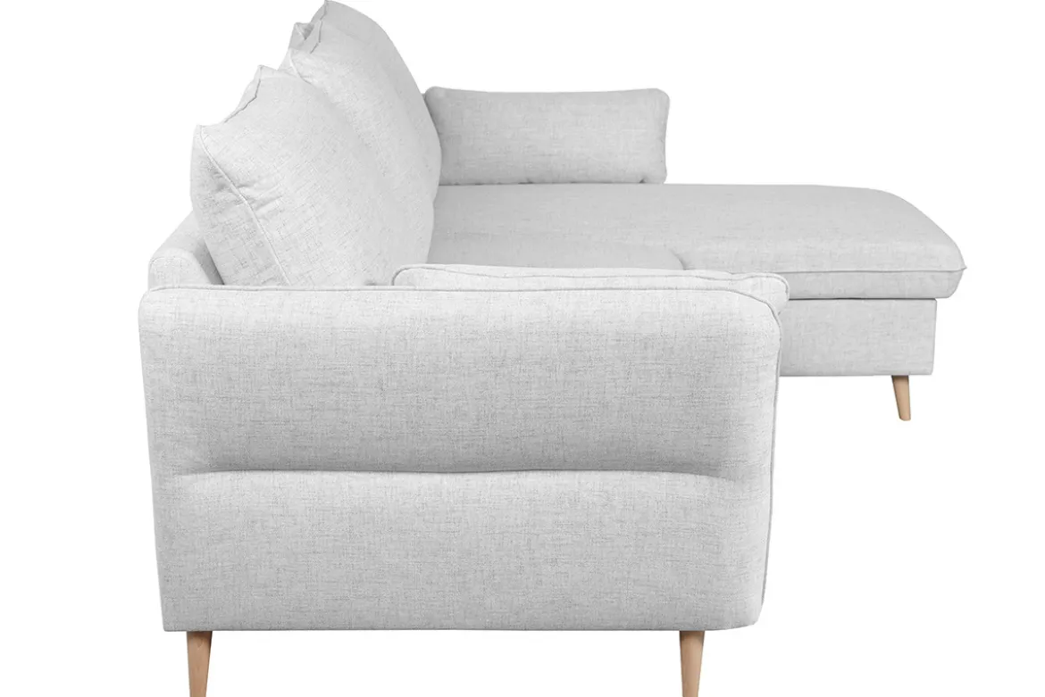 Canapé d'angle convertible réversible avec coffre 3-4 places en tissu gris clair et bois clair DRISS