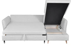 Canapé d'angle convertible réversible avec coffre 3-4 places en tissu gris clair et bois clair DRISS