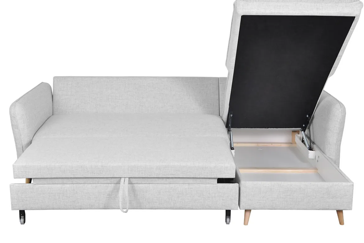 Canapé d'angle convertible réversible avec coffre 3-4 places en tissu gris clair et bois clair DRISS
