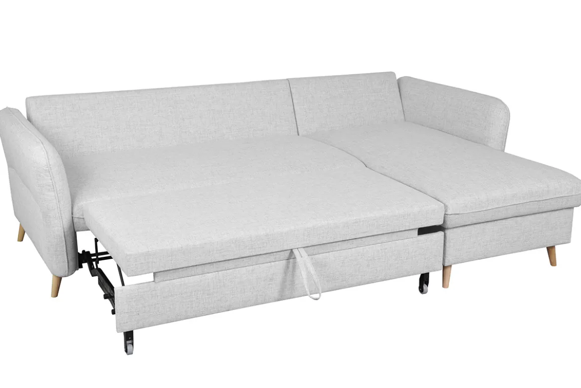 Canapé d'angle convertible réversible avec coffre 3-4 places en tissu gris clair et bois clair DRISS