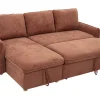 Canapé d'angle convertible réversible avec coffre 3 places en tissu chenille terre brûlée et bois clair ORSO