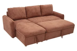 Canapé d'angle convertible réversible avec coffre 3 places en tissu chenille terre brûlée et bois clair ORSO