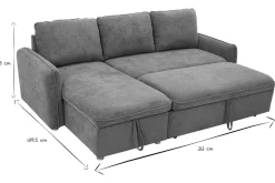Canapé d'angle convertible réversible avec coffre 3 places en tissu chenille terre brûlée et bois clair ORSO