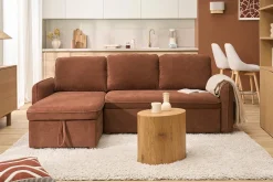 Canapé d'angle convertible réversible avec coffre 3 places en tissu chenille terre brûlée et bois clair ORSO