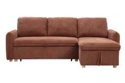 Canapé d'angle convertible réversible avec coffre 3 places en tissu chenille terre brûlée et bois clair ORSO