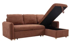 Canapé d'angle convertible réversible avec coffre 3 places en tissu chenille terre brûlée et bois clair ORSO