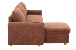 Canapé d'angle convertible réversible avec coffre 3 places en tissu chenille terre brûlée et bois clair ORSO
