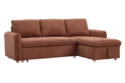 Canapé d'angle convertible réversible avec coffre 3 places en tissu chenille terre brûlée et bois clair ORSO