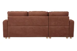 Canapé d'angle convertible réversible avec coffre 3 places en tissu chenille terre brûlée et bois clair ORSO