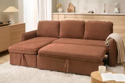 Canapé d'angle convertible réversible avec coffre 3 places en tissu chenille terre brûlée et bois clair ORSO