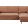 Canapé d'angle convertible réversible avec coffre 3-4 places en tissu effet velours terre brûlée et bois clair DRISS