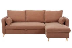 Canapé d'angle convertible réversible avec coffre 3-4 places en tissu effet velours terre brûlée et bois clair DRISS