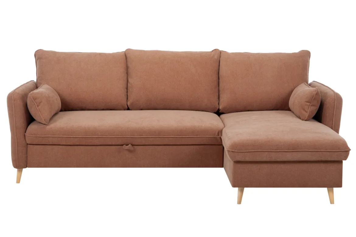 Canapé d'angle convertible réversible avec coffre 3-4 places en tissu effet velours terre brûlée et bois clair DRISS